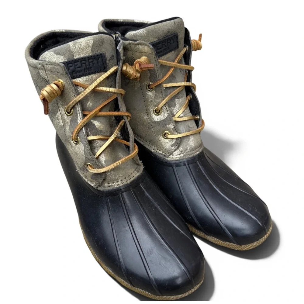 Sperry Saltwater Camo Duck Boots Womens Sz 10 Black Gold Metallic STS86694 Ankle